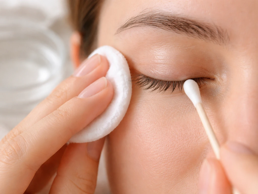 Close-up of warm compress and gentle cotton swab lid hygiene along the lash line.