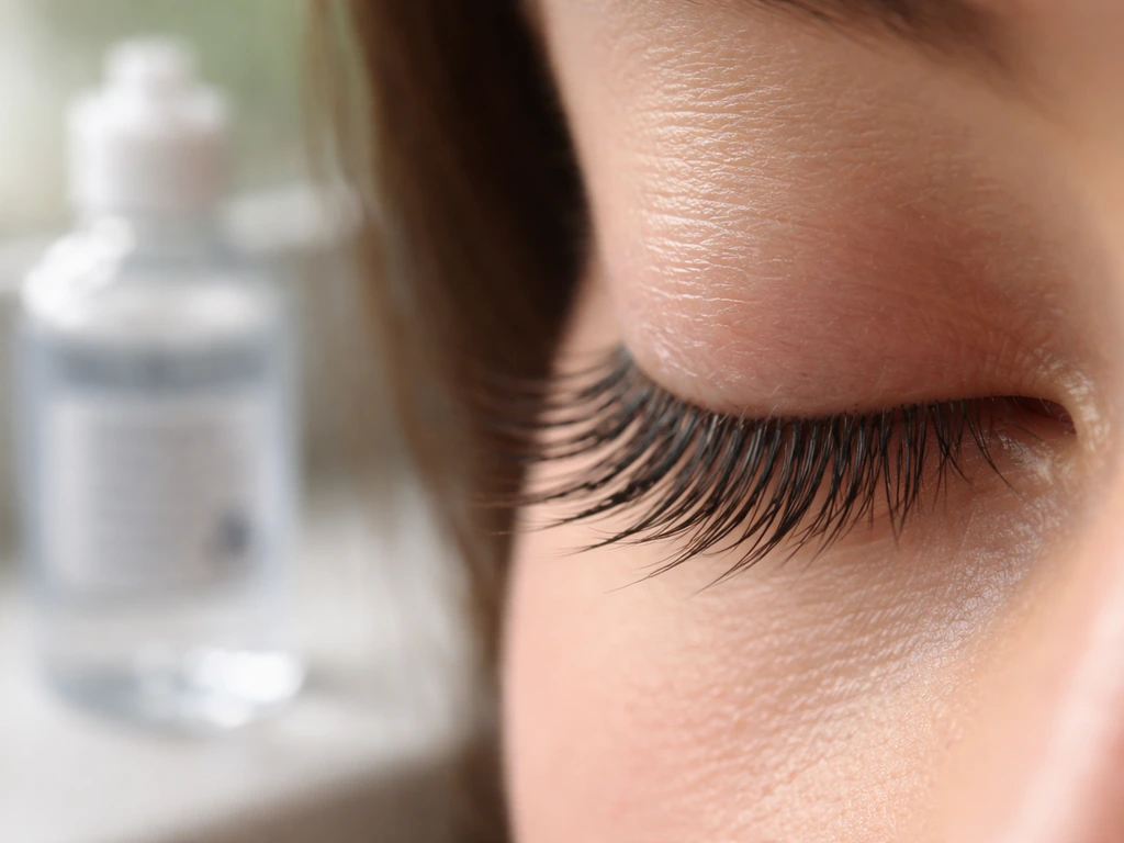 Macro close-up of healthy eyelashes with a blurred contact-lens solution bottle in the background for caution.