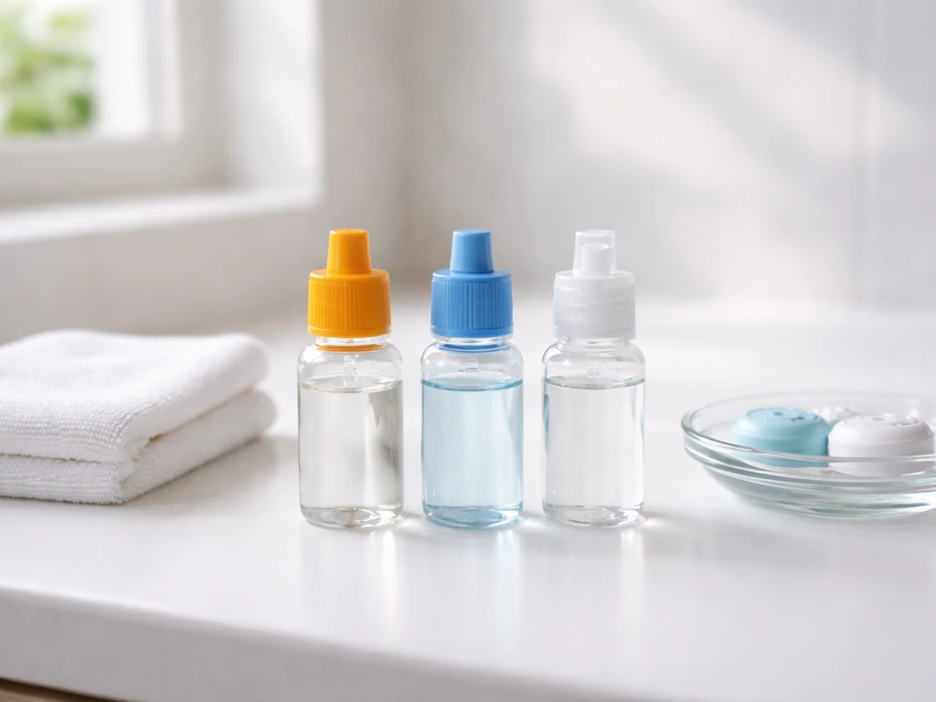 Three small bottles of contact lens solutions—hydrogen peroxide, multipurpose, and saline—on a clean bathroom counter