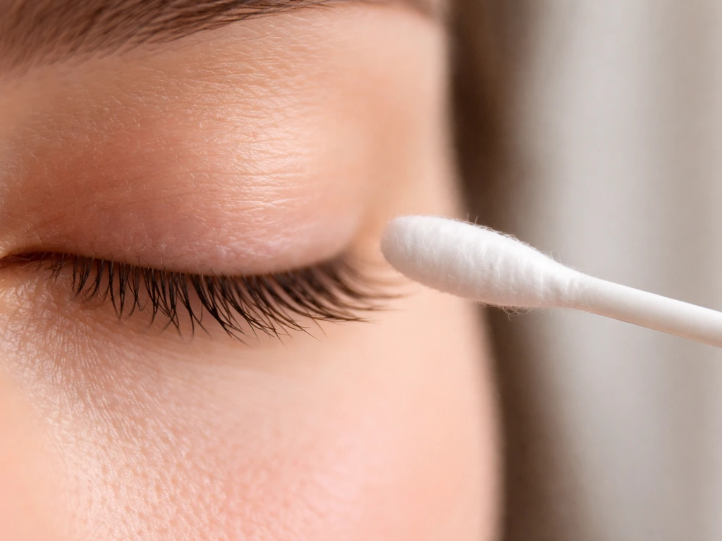 Close-up of a lash line with a cotton swab held near lashes for gentle, non-contact application.