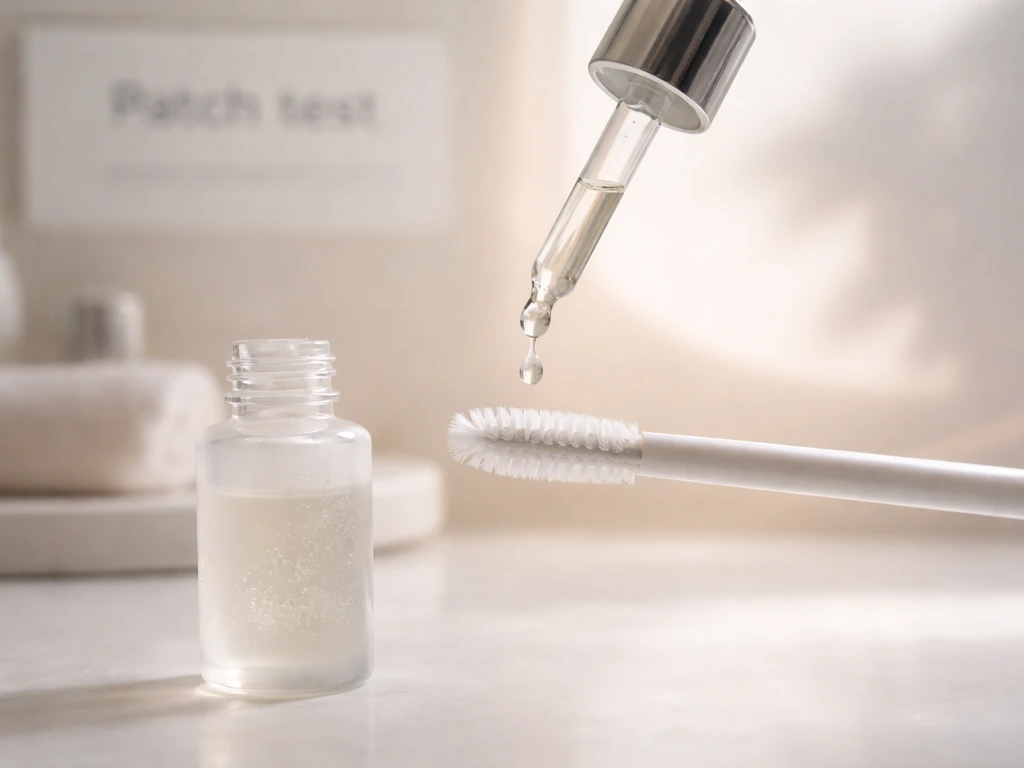 Lash-safe peptide serum dispensed onto a brush near the eye area, with patch test signage blurred behind.