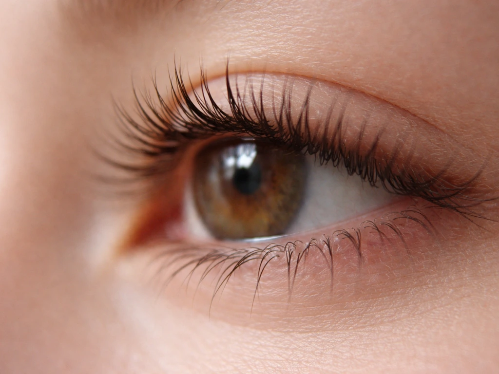 Close-up of an open eye with soft eyelashes, minimal clinical lighting suggesting growth, transition, and rest phases.