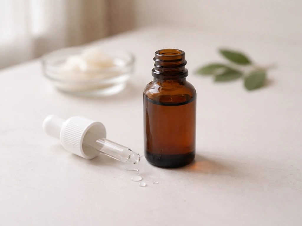 Unlabeled amber dropper bottle and a few skincare droplets on a simple table with soft natural light.