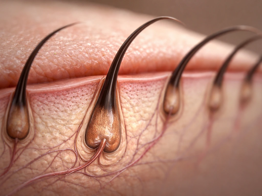 Close-up of an eyelid skin cross-section showing hair follicles angled to create curled lashes