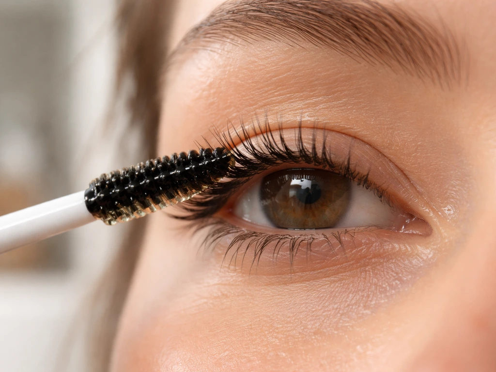 Close-up of a clean spoolie applying castor oil along the lash line; lashes look freshly conditioned.