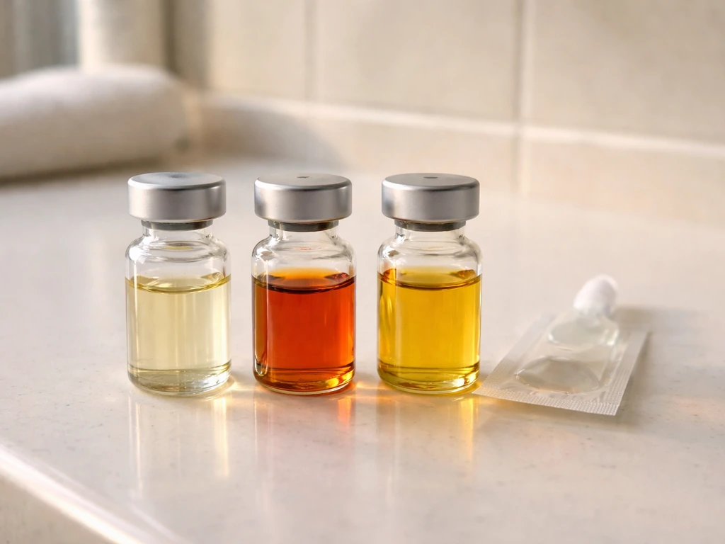 Three small ingredient vials on a bathroom counter, showing growth-focused vs curl-condition categories.