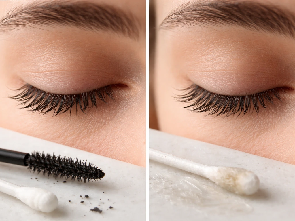 Side-by-side lashes showing straighter, clumped lashes next to healthier curled lashes with a lash brush residue.