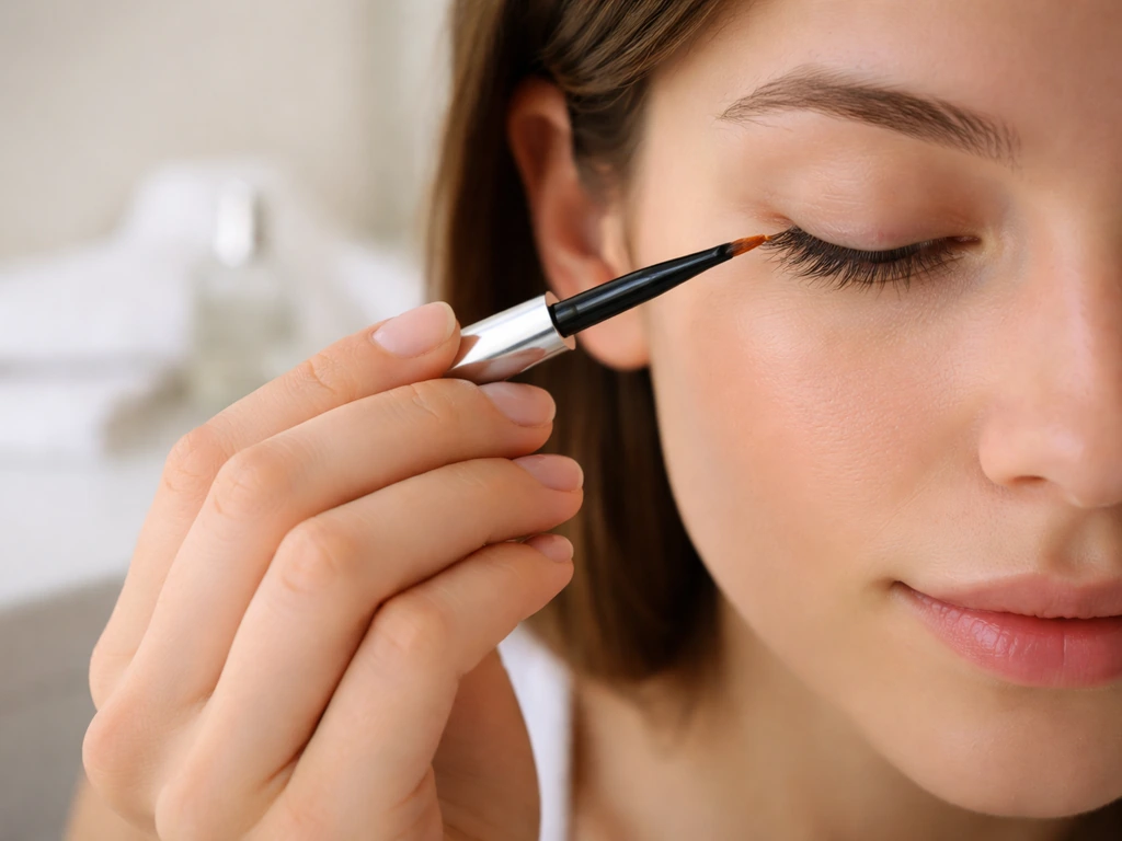 Woman applying lash serum along the lash line with a fine brush on a cotton pad