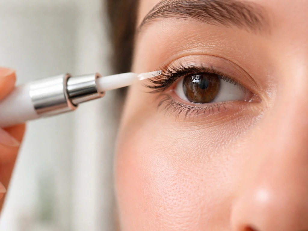 Applicator placed along upper lash line only; lower waterline stays untouched in a close-up eye safety scene.