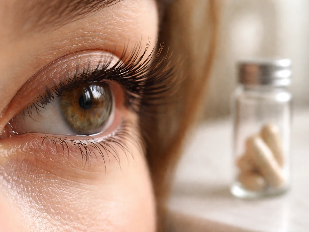 Close-up of natural eyelashes and lash line with a subtle supplement-themed touch in soft daylight.