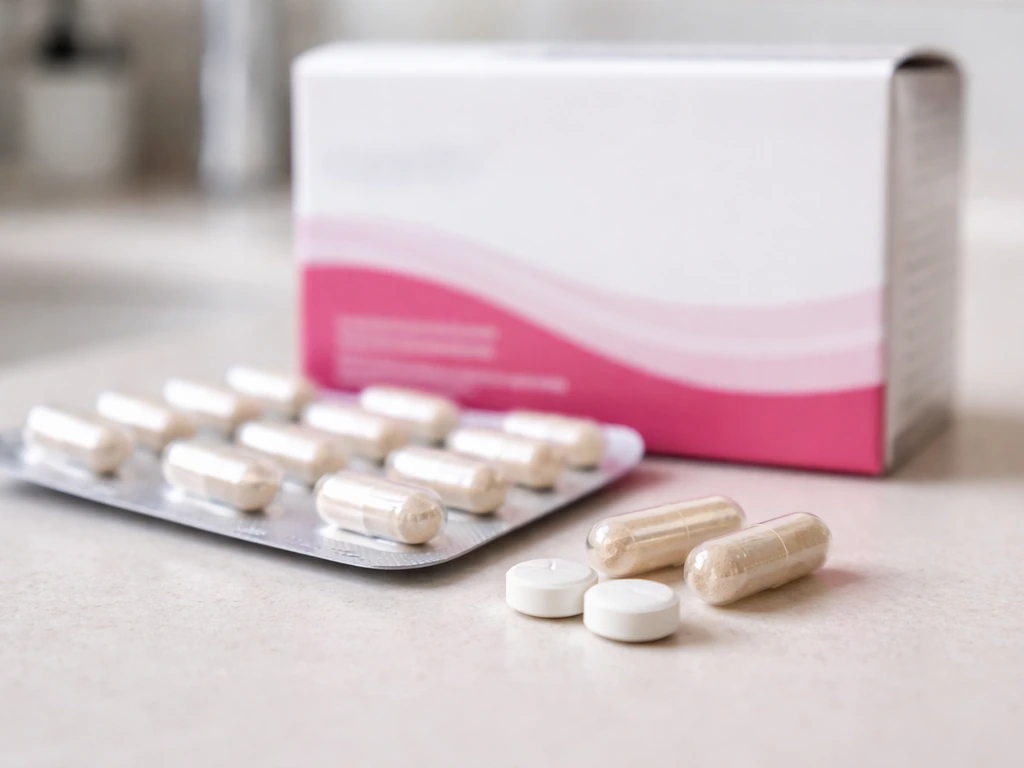 Close-up of supplement pills and generic packaging on a neutral surface, suggesting oral use.