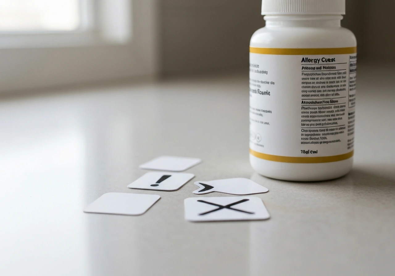 Close-up of a supplement bottle beside allergy warning icons on a plain surface, signaling fish/shellfish caution.
