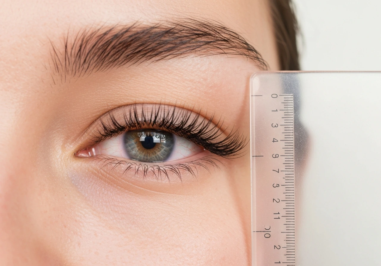 Close-up of an eye area with natural light and a small ruler used as a photo guide