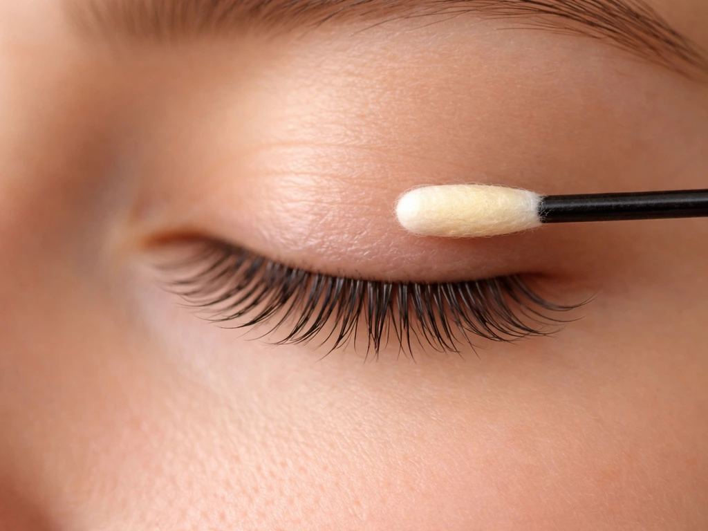 Close-up of upper eyelashes with a small applicator poised near the lash line under bright natural light
