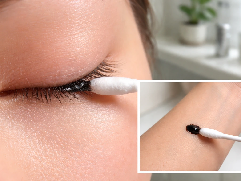 Close-up of a cotton swab applying a tiny amount of black seed oil near inner lashes, plus forearm patch test.