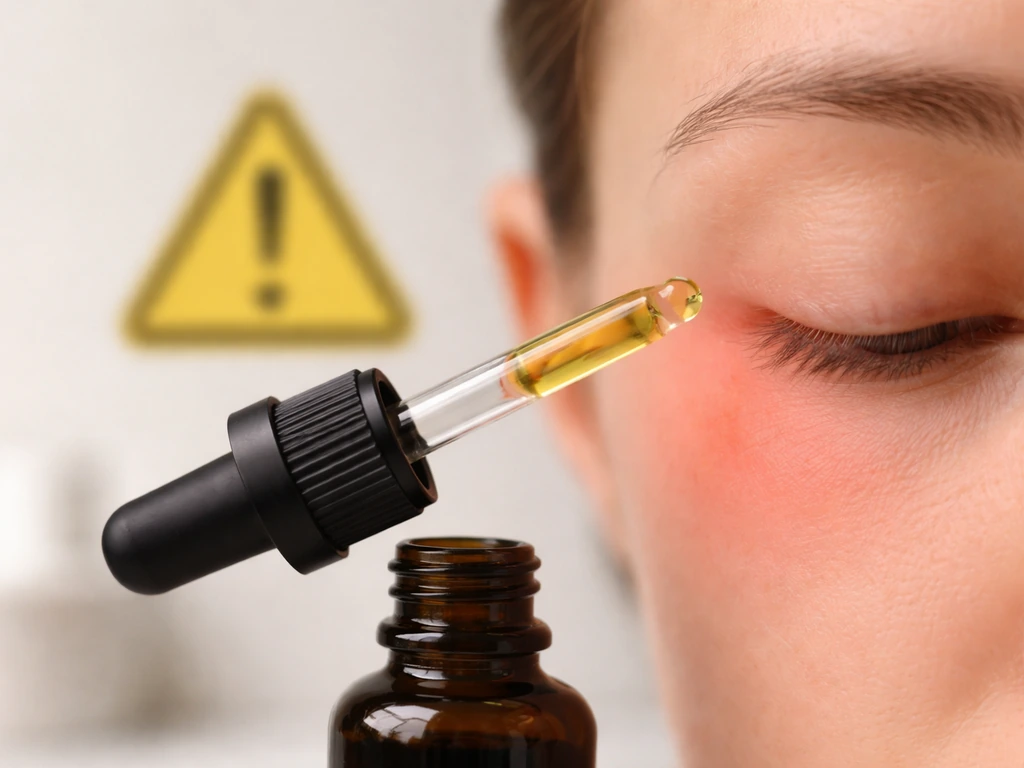 Black seed oil dropper and bottle held near an eye with a blurred redness warning cue.