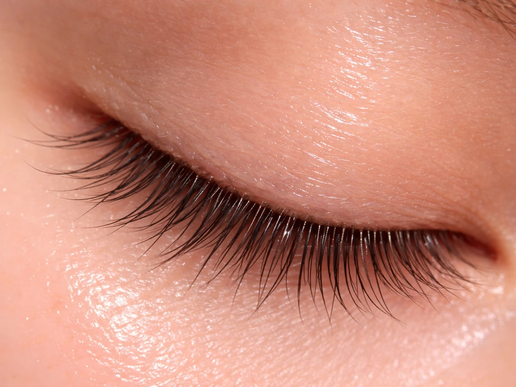 Macro close-up of natural eyelashes and the lash line with a subtle hydrated glow.