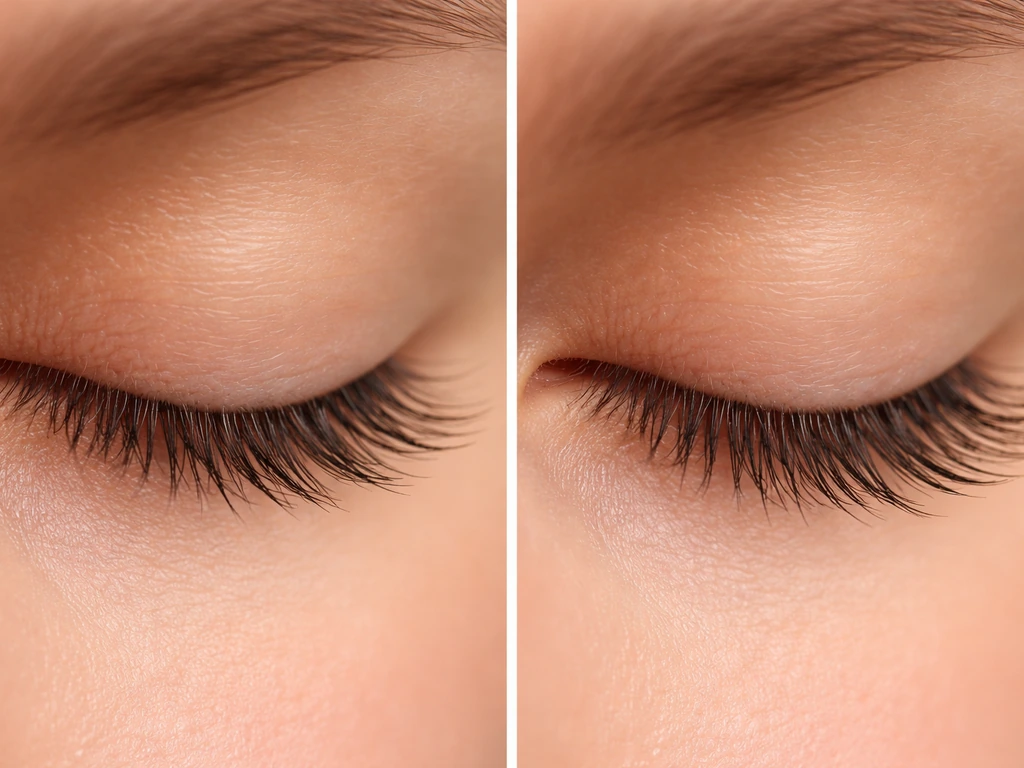 Close-up of eyelash area showing early vs later fuller, less brittle lashes in two side-by-side timepoints.