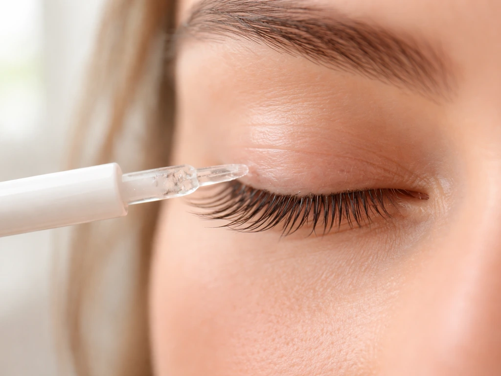 Close-up of clean applicator applying hyaluronic-acid lash product along lash line