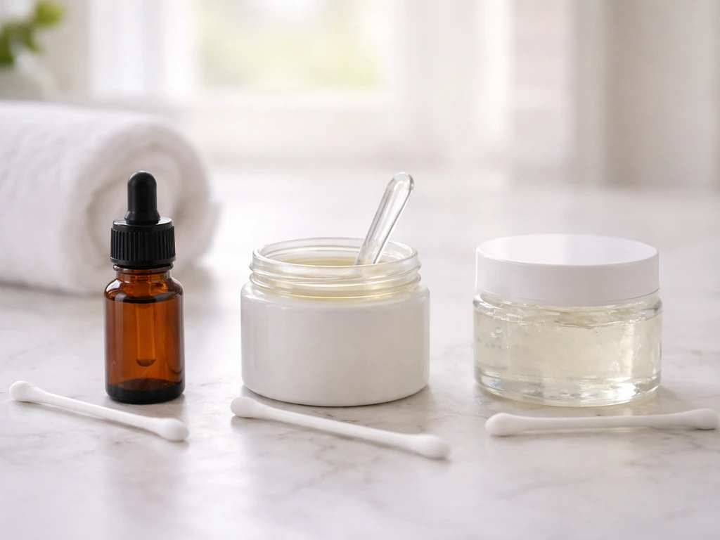 Three unlabeled lash-care containers side by side on a bathroom vanity with cotton swabs.