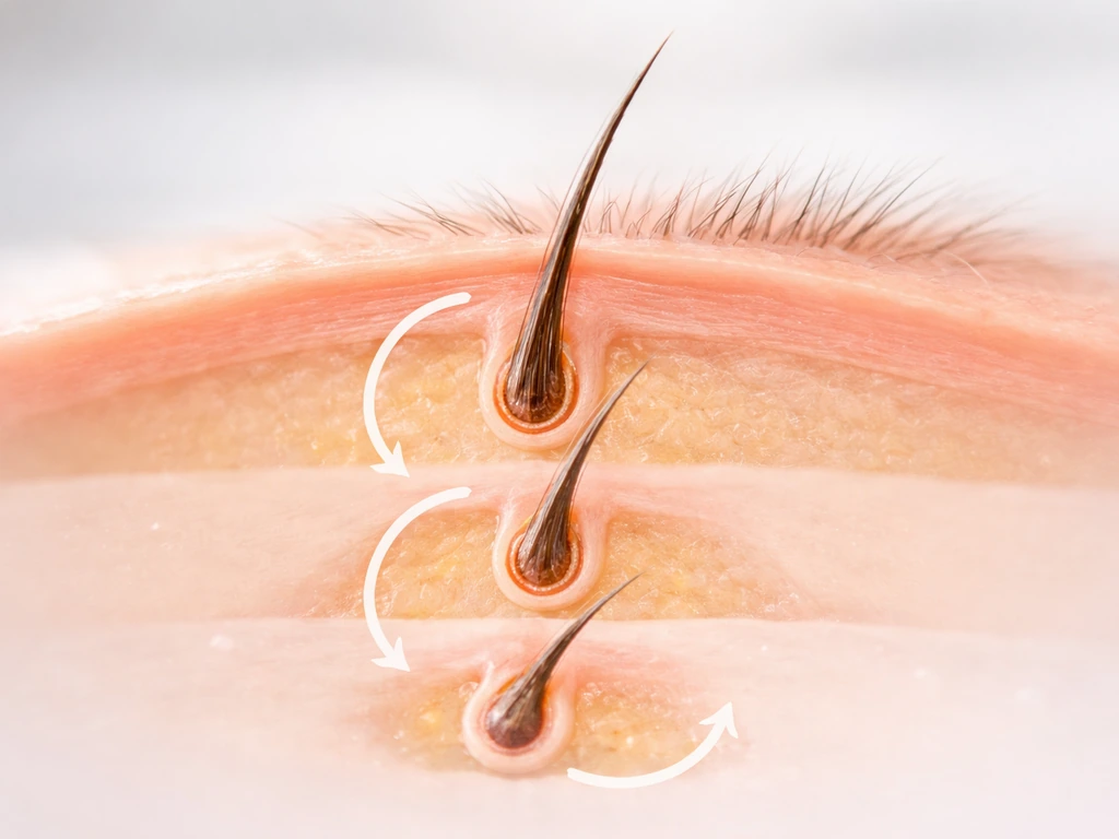 Macro clinical concept of eyelash follicle phases with subtle arrows showing growth cycle.
