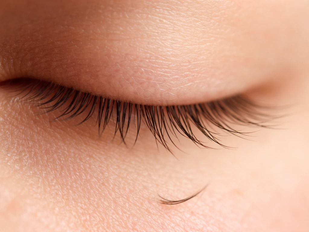 Close-up of a generic eyelid showing three lash stages and one eyelash shedding near the lash line
