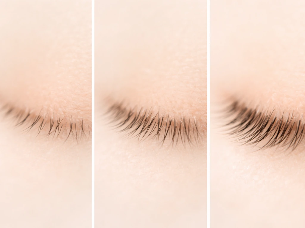 Minimal photo of three lash-regrowth silhouettes showing fine regrowth at about 3 months and fuller later.