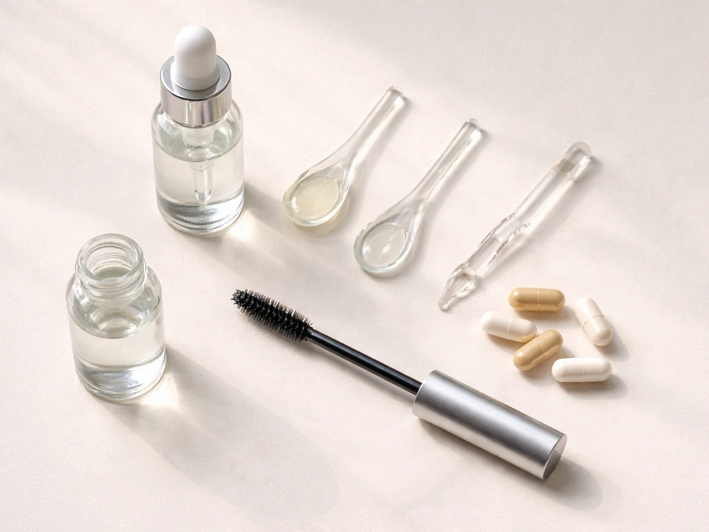 Minimal flat lay of lash-serum ingredients with a mascara-style applicator on clean background