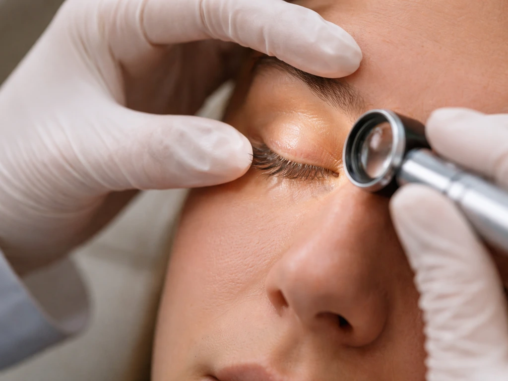 Clinician examining an eyelid with a handheld eye exam light and magnifier in a minimal exam room
