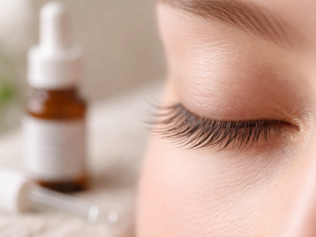 Close-up of natural eyelashes with a blurred minoxidil bottle and dropper in the background