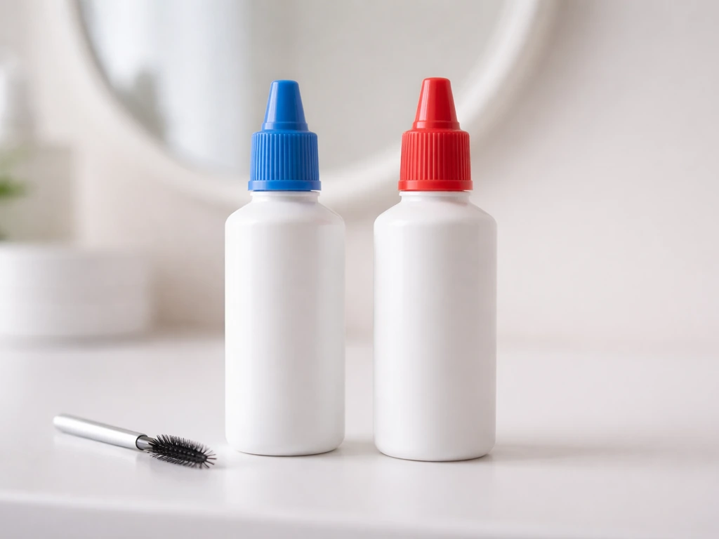 Two generic unlabeled eyelash-growth topical bottles side by side on a bathroom counter with soft natural light.