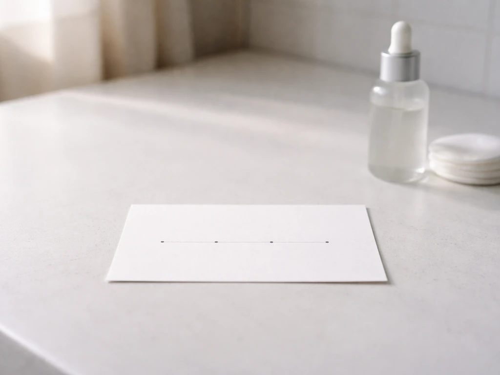 Close-up of an empty makeup vanity with a simple week-marked calendar card, suggesting lash progress over 8–12 weeks.