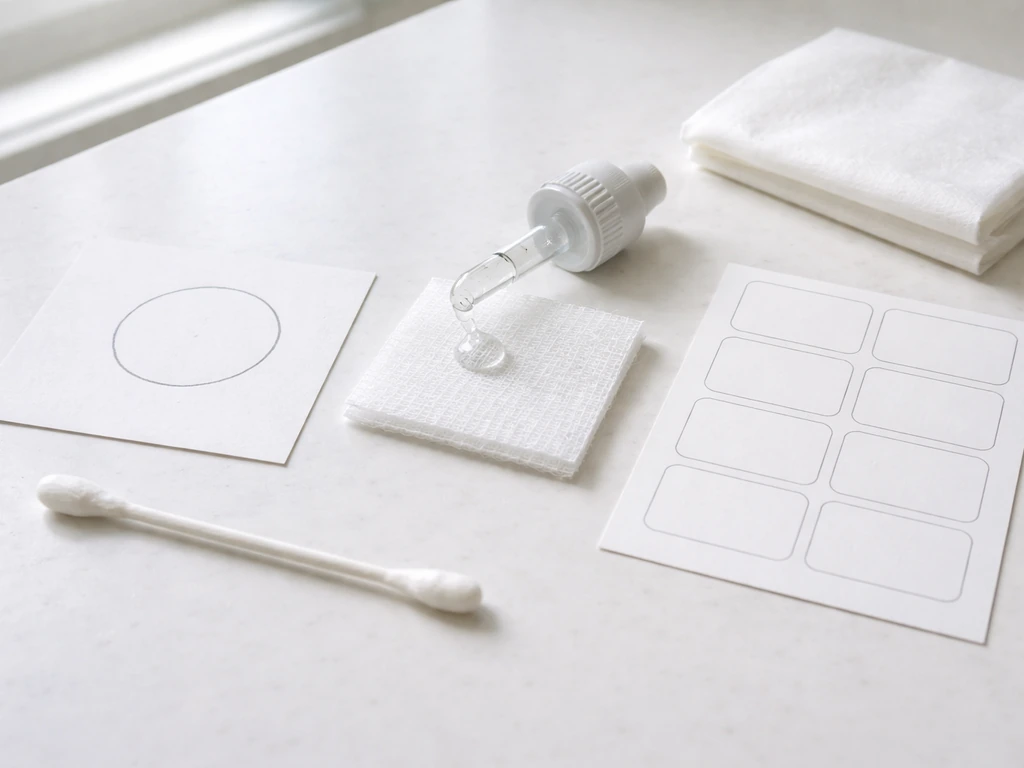 Close-up of patch-testing supplies on a clean bathroom counter with a small minoxidil drop