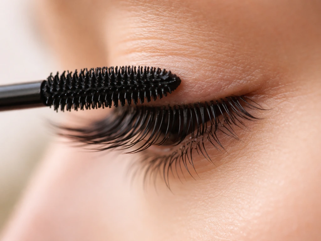 Close-up of a mascara wand brushing through natural lashes for visible thicker, healthy volume.