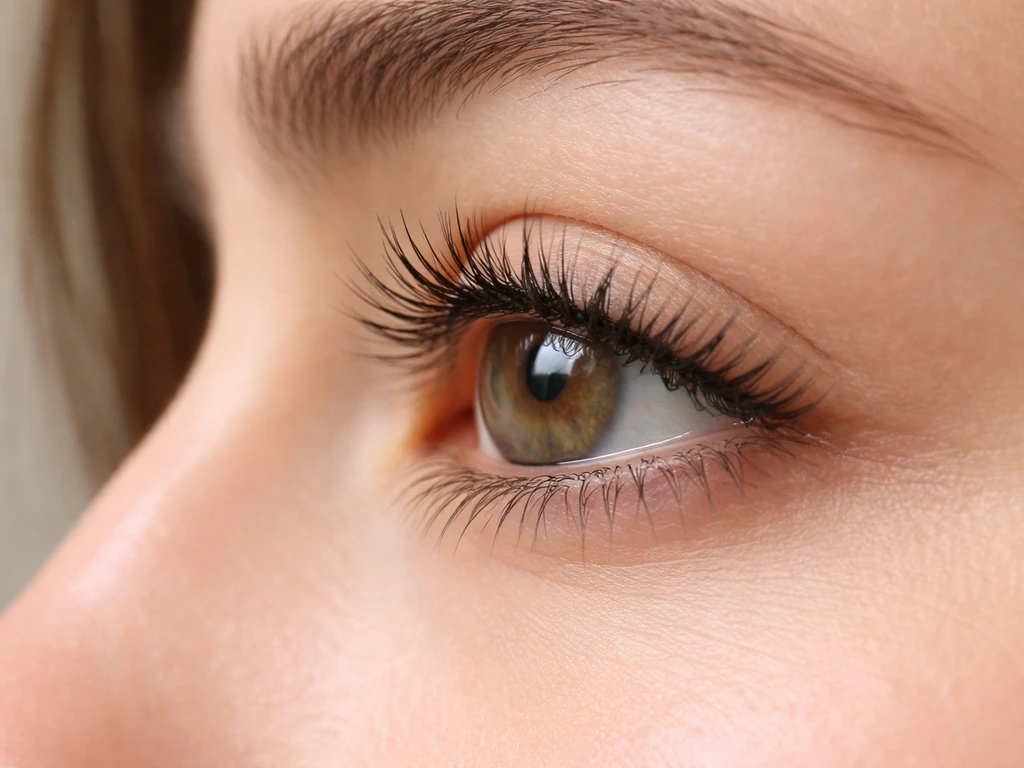 Close-up eye showing bare lashes on one side and thickened, longer-looking mascara lashes on the other.
