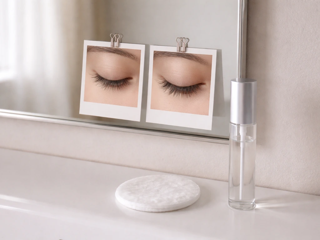 Unlabeled before/after lash photo prints on a bathroom vanity with remover pad and applicator bottle.