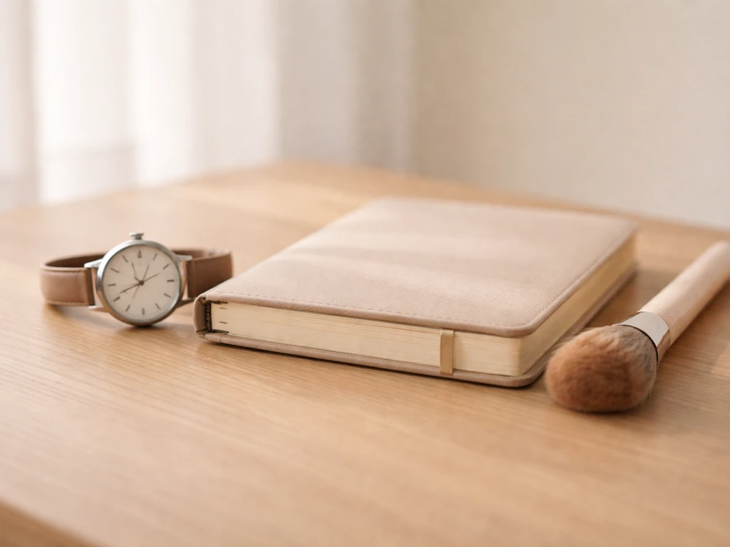 Analog watch beside a closed planner and makeup brush on a sunlit desk, hinting at timing without text.