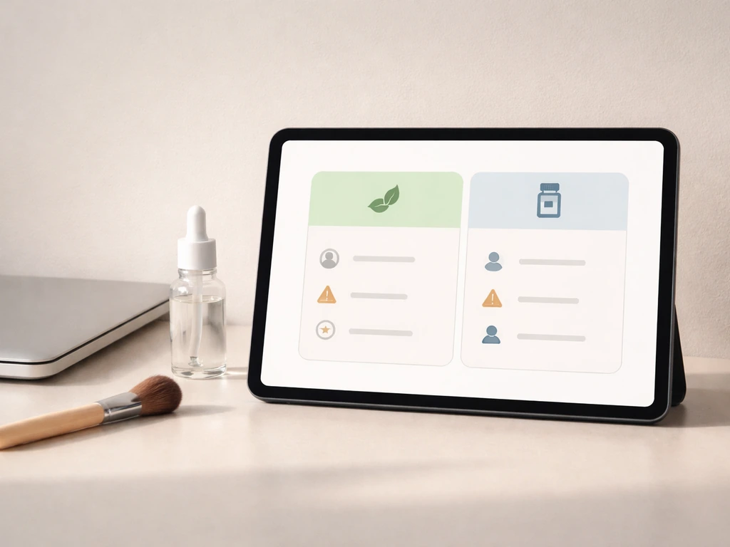 Minimal desk with laptop/tablet screen showing a side-by-side options comparison using non-text symbols.