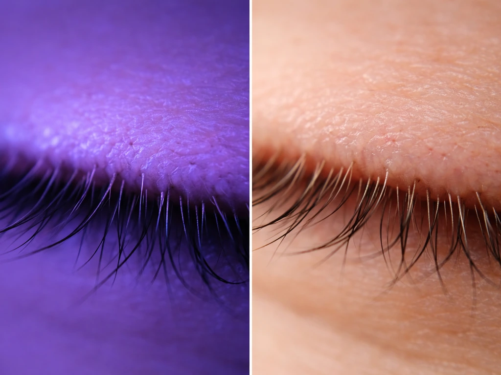 Close-up of eyelid margin skin and follicle areas with two lighting zones suggesting UV vs no-UV.