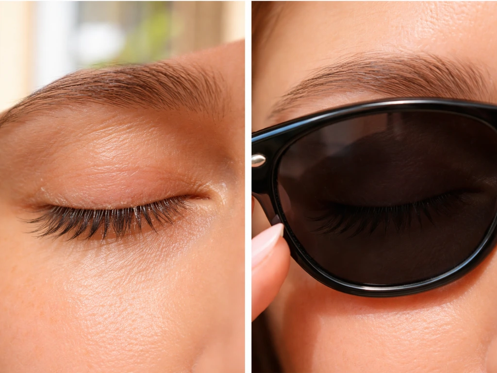 Close-up of eye area with a pair of sunglasses shielding lashes while slight dryness and flaking show UV risk.