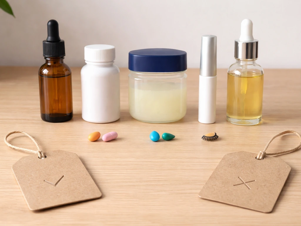 Minimal desk scene with two small empty tags labeled “supported” and “not supported” beside cosmetic remedies items.